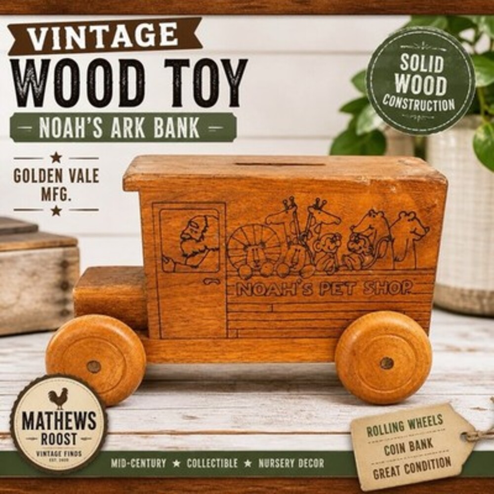 Vintage Wooden Noah’s Ark Toy Truck Bank Golden Vale Pull Toy Animals